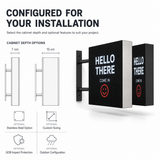 Double-sided wall-mounted LED sign showing 7 cm and 15 cm cabinet depth options and custom configurations