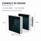 Double-sided wall-mounted LED sign dimension diagram with two 320 x 320 mm screens and 320 x 370 mm frame