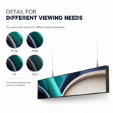 Ceiling-hung strip LED display with P1.53, P1.86, P2 and P2.5 pixel pitch options