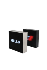Double-sided wall-mounted LED sign with black and silver cabinets